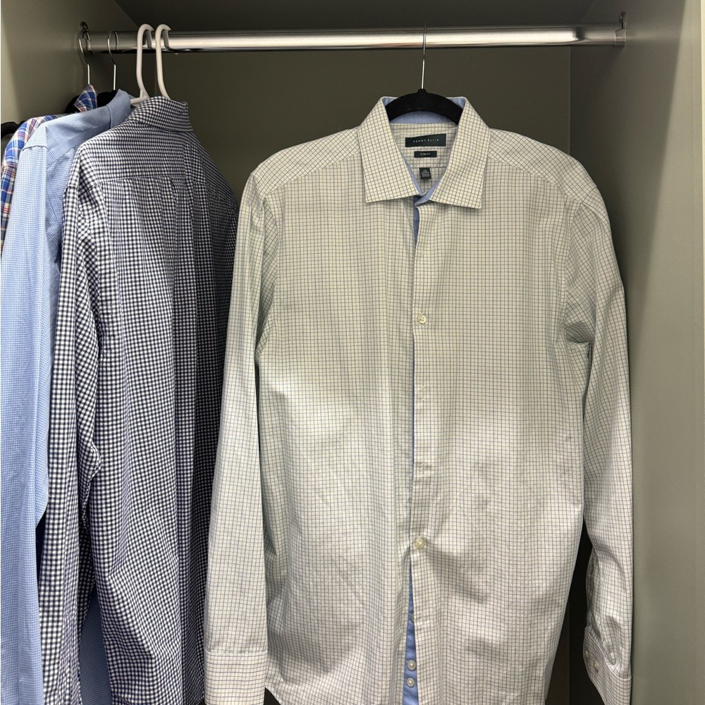 Green and blue checkered men’s dress shirt